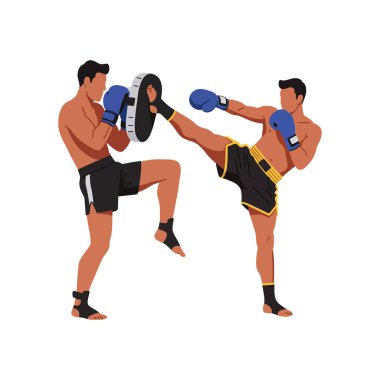 İki Muay Thai dövüşçüsü, dinamik hareket ve yoğunluğu gösteren, odaklanmış bir antrenman oturumunda eldiven ve tekmeleme pedleri ile dövüşür. Enerjik ruh hali.