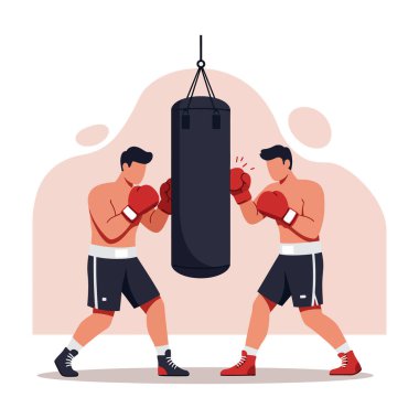 İki erkek boksör eldiven ve şort giyer spor salonunda ağır bir torbaya yumruk atarken. Enerjik ruh hali.