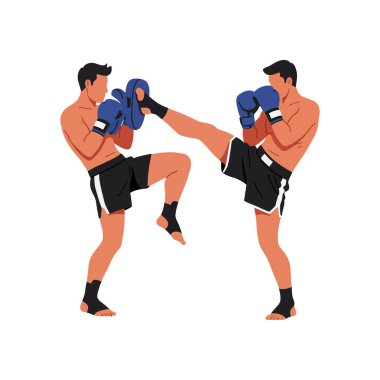 İki adam Muay Thai kickboks antrenmanı yapıyor mavi eldivenler ve siyah şortla dinamik duruş, dövüş sanatları disiplini, enerjik ruh hali..