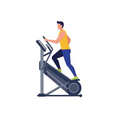 Çizimler, merdivenlerde yürüyen bir adamın sarı tişört ve mavi pantolon giyip spor yaptığını gösteriyor..