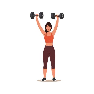 Kadın, güç antrenmanı sırasında dambılları yukarı kaldırıyor, fitness ve sağlık odaklanmasını kararlı bir ruh haliyle gösteriyor.