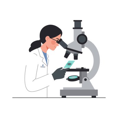 Laboratuvar önlüğü ve eldiven giyen kadın bilim adamı, laboratuvar ortamında, odaklanmış ve profesyonel bir ruh halinde mikroskop altında bir kaydırağı inceliyor..