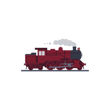 Bu vektör illüstrasyonu klasik bir ruh hali taşıyan, tren raylarında duman çıkaran klasik bir buhar lokomotifi gösteriyor..