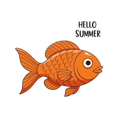 Bu vektör içinde Hello Summer metni bulunan turuncu bir Japon balığını, parlak renklerde neşeli bir yaz temasını sunar. Neşeli ruh hali.