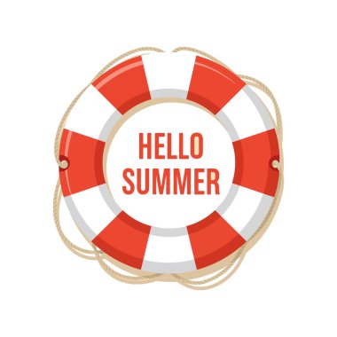 Bu vektör kırmızı ve beyaz bir cankurtaran halkası gösteriyor. İçinde Hello Summer metni var. Güvenlik ve yaz sezonunu simgeliyor. Neşeli..