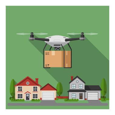 İnsansız hava aracı, yeşil bir mahallede uzun gölgeli bir paket taşıyan evlerin üzerinden uçarak modern teslimat kavramını aktarıyor. Sakin ol..