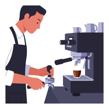 İllüstrasyon, kahve makinesini kahve hazırlamak için espresso makinesi kullandığını gösteriyor. Odaklanma ve profesyonellik ile, sakin bir atmosfer..