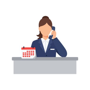 İş kadını masasında oturuyor ve yakınlardaki bir takvime telefonla konuşuyor. Ofis işlerini ve profesyonel ayarları temsil ediyor. Sakin ol..