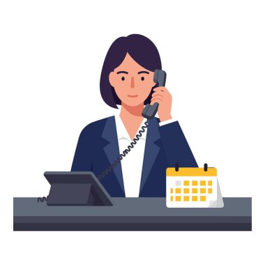 Takım elbiseli iş kadını, ofis masasında telefonla takvim ve telefonla konuşuyor. Profesyonel iletişim ve organizasyonu, sakin ruh halini gösteriyor..