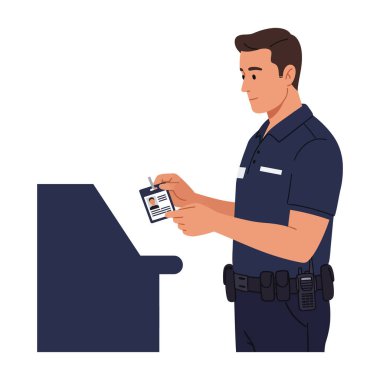 Donanma üniformalı bir polis memuru bir büfede kimlik kartını inceliyor, sakin ve profesyonel bir duruş içinde duruyor. Modern vektör biçimi, nötr ruh hali.