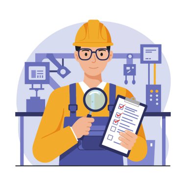 Fabrika işçisi endüstriyel ortamda büyüteçle kontrol listesi hazırlıyor, kalite kontrolü ve güvenliği odaklanmış bir dikkatle sağlıyor. Profesyonel ruh hali..