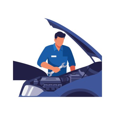 Bir tamirci mavi tonlu İngiliz anahtarı kullanarak açık kaputun altındaki bir araba motorunu tamir ediyor. Odaklanma ve profesyonellik gösteriyor. Sakin atmosfer.