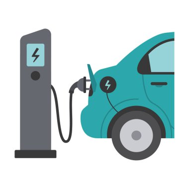 Vektör görüntüsü, şarj istasyonunda kabloyla araca bağlı, temiz düz tasarım, modern ve basit ruh hali içinde elektrikli araba gösteriyor..