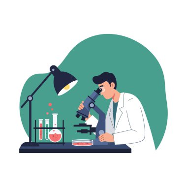 Beyaz önlük giyen bilim adamları, laboratuvar ortamında test tüpleri ve lambalarla yapılan örnekleri analiz etmek için mikroskop kullanıyor..