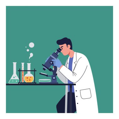 Beyaz önlüklü bilim adamı, yeşil bir laboratuvar ortamında, odaklanmış ve sakin bir şekilde kimyasal camlarla çevrili bir mikroskopla örnekleri inceliyor..
