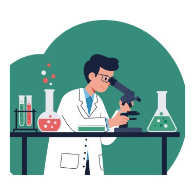 Beyaz önlük giyen bilimadamı mikroskop üzerinden etrafı deney tüpleri ve mataralarla çevrili bir laboratuvar ortamında odaklanmış ve sakin bir ruh haline bakıyor..