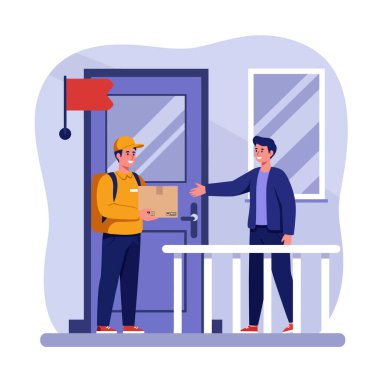 Üniformalı teslimatçı, evdeki müşteriye dostane servis etkileşimi ve işbirliği gösteren bir paket veriyor. Neşeli ruh hali.