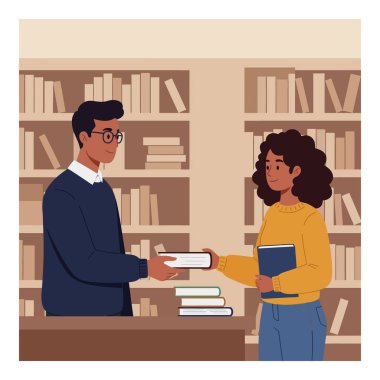 Bir erkek ve kadın kitaplarla dolu bir kütüphane ortamında kitap değiştiriyor, sakin ve çalışkan bir atmosfer yaratıyorlar..