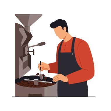 Önlük takan adam kahve çekirdeklerini kafe ortamında odaklanmış ve sıcak atmosferi olan profesyonel kızartma ekipmanlarıyla kızartıyor. Sakin ol..