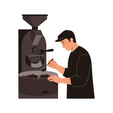 Siyah müfettişler giyen bir adam kahve makinesinde kavrulmuş kahve çekirdeklerini temiz bir vektör çizim tarzında kaşık kullanarak kullanıyor. Sakin ol..