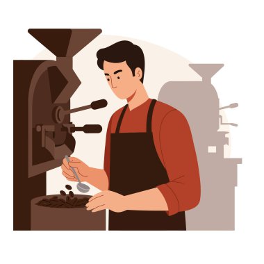 Önlüklü bir adam kavrulmuş kahve çekirdeklerini, kaşık kullanarak sıcak bir ışık makinesinin yanında inceleyerek odaklanmış bir atmosfer yaratıyor..