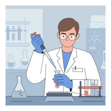 Laboratuvar önlüğü ve eldiven giyen erkek bilim adamı deney tüplerindeki sıvıyı bilimsel laboratuvar ortamında taşımak için pipet kullanıyor. Sakin ol..