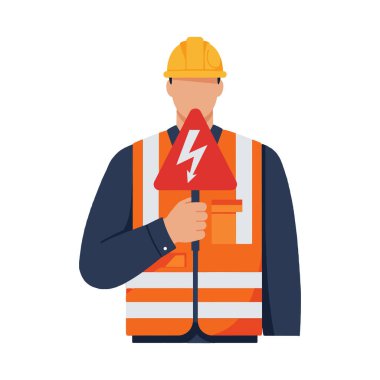 Yüksek görüş açısına sahip yelek ve sarı kasklı bir inşaat işçisinin elinde elektrikli tehlike uyarısı, dikkat ve güvenlik farkındalığı taşıdığı görüntüsü. Sakin ol..
