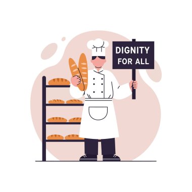 İllüstrasyon, fırıncının elinde ekmek somunları ve tabelalar için bir saygınlık olduğunu gösteriyor. Fırında pişmiş ekmeğin yanında duruyormuş. Düz stil pozitif ruh hali içinde..