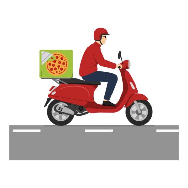 Vektör illüstrasyonuna göre kırmızı scooterlı pizza dağıtım elemanı yan görüş alanında yol boyunca gidiyor, şehir dağıtım hizmeti havasını iletiyor..