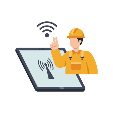 Resimde sarı dişli bir inşaat işçisinin kablosuz sinyalli tablet kullanarak inşaat teknolojisini sembolize ettiği görülüyor. Profesyonel ruh hali..