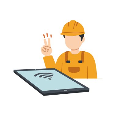İnşaat işçisi sarı miğfer takıyor. Tabletin yanında barış işareti var. Kablosuz sinyal var..