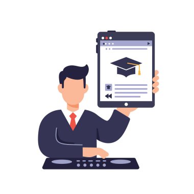 Adamın elinde dijital tablet var. Mezuniyet başlığı simgesi çevrimiçi eğitimi ve öğrenmeyi simgeliyor. Düz, modern ve net bir şekilde..