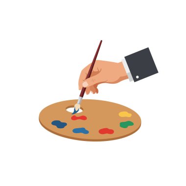 Resim, el fırçasının ahşap palette renkleri karıştırarak sanatsal yaratıcılığı ve tasarım ilhamını sembolize ettiğini gösteriyor. Sakin ol..