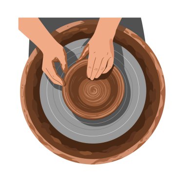 İllüstrasyon, ellerin dönen bir çömlek çarkında kil kalıbı döşediğini gösteriyor. Doğal tonları olan seramik sanat yaratıyor. Huzurlu ruh hali..