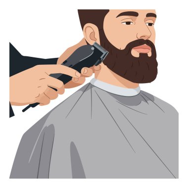 Berber dükkanında tıraş makinesiyle sakal kesen adam, bakımını ve bakımını gösteriyor. Sakin ve odaklanmış ruh hali.