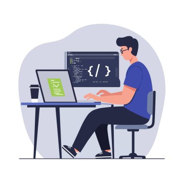 Ofis koltuğunda oturan adam dizüstü bilgisayarda gösterilen programlama kodu üzerinde çalışıyor ve odaklanmış ve üretken ruh halini izliyor..