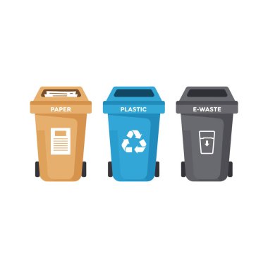 Kağıt, plastik ve e-atık için etiketlenmiş üç renkli geri dönüşüm kutusu basit ve temiz bir düz vektör tasarımında yan yana duruyor.