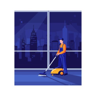 Mavi tulumlu bir adam sarı elektrikli süpürge kullanarak büyük bir ofis zeminini temizliyor ve camları gece gökyüzünü gösteriyor..
