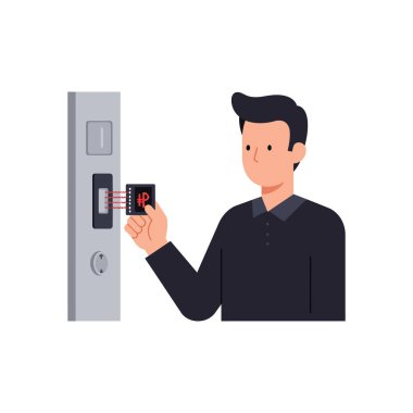 Siyah saçlı bir adam elektronik kapı kilidinin dijital kartını tutuyor ve güvenlik sistemini minimum ve modern bir ayarda çalıştırıyor..