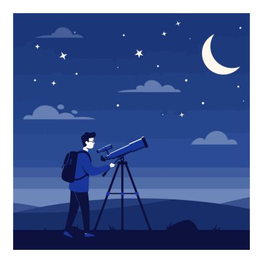 Gözlüklü ve sırt çantalı genç bir adam, yıldızlarla ve hilal ile çevrili bir teleskop kullanarak gece gökyüzünü gözlemler ve sakin bir gece atmosferi yaratır..