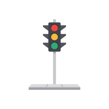 Kırmızı, sarı ve yeşil ışıklı bir trafik lambası gri bir direğin üzerinde duruyor ve beyaz arka planda basit düz bir şekilde tasvir ediliyor..