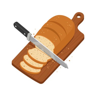 Tahtanın üzerinde kısmen dilimlenmiş altın sarısı bir somun ekmek. Yanında dişli bir bıçak duruyor. Temiz bir kompozisyonda etrafa saçılmış kırıntılar..