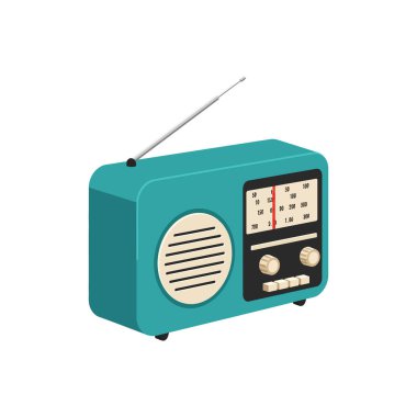 Gümüş anten, akort kadranları ve hoparlör ızgarası olan turkuaz bir retro radyo, klasik bir titreşim ile tertemiz ve düz bir şekilde resmedilmiş..