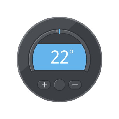 Modern dairesel termostat, sıcaklık ayarlama için artı ve eksi düğmeleri olan mavi ekranda 22 derece gösteriyor..