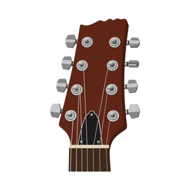 Kahverengi akustik gitar başlığının yakın çekimi. Oniki metal akort mandalı ve teli var. Temiz ve minimal bir düz stil..
