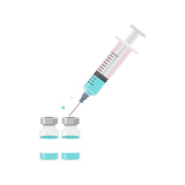 Tıbbi bir şırınga mavi sıvıyı iki temiz cam şişeye enjekte ederek klinik ve steril bir çevreyi betimliyor..