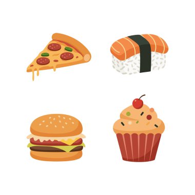 Ayrı ayrı sergilenen dört canlı fast food malzemesi. Damlayan pepperonili pizza dilimi, somon suşisi, çizburger ve kirazlı süslemeli kek de dahil..