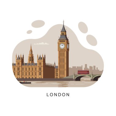 Iconic London silueti Big Ben ve Westminster Sarayı 'nın yer aldığı kırmızı çift katlı bir otobüsle sakin bir havada köprüden geçiyor..