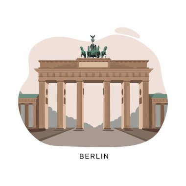 Berlin Brandenburg Kapısı, tarihi ihtişam ve kentsel önemi çağrıştıran düz vektör tarzıyla betimlenmiş ayrıntılı sütunlar ve heykellerle belirgin bir şekilde duruyor..