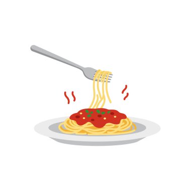 Beyaz tabak üzerinde kırmızı domates sosu ve yeşil otlarla sarı spagetti taşırken gümüş çatal erişteleri kaldırıyor, buhar yavaşça yükseliyor..
